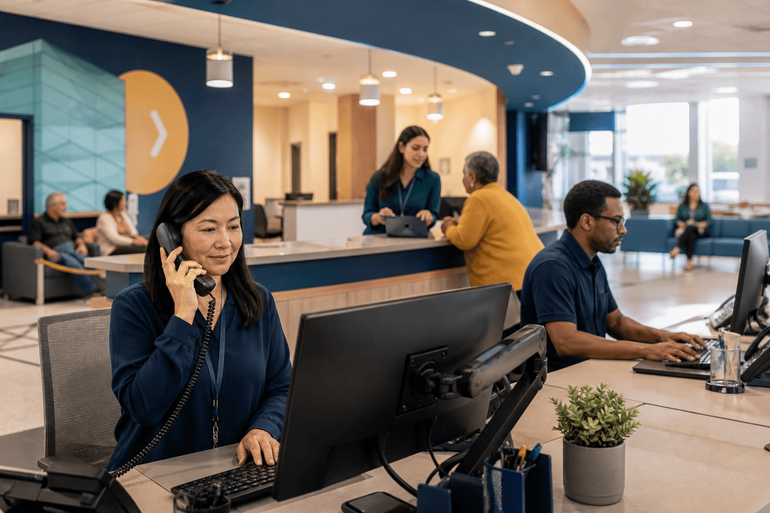 A community service desk assisting residents from different age groups