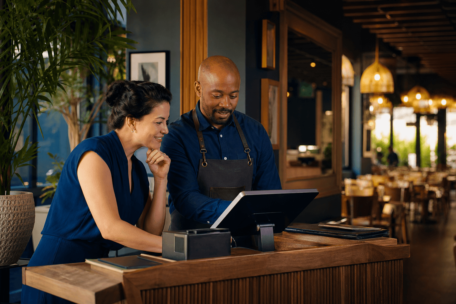 A restaurant owner greeting diners in a bright neighborhood restaurant