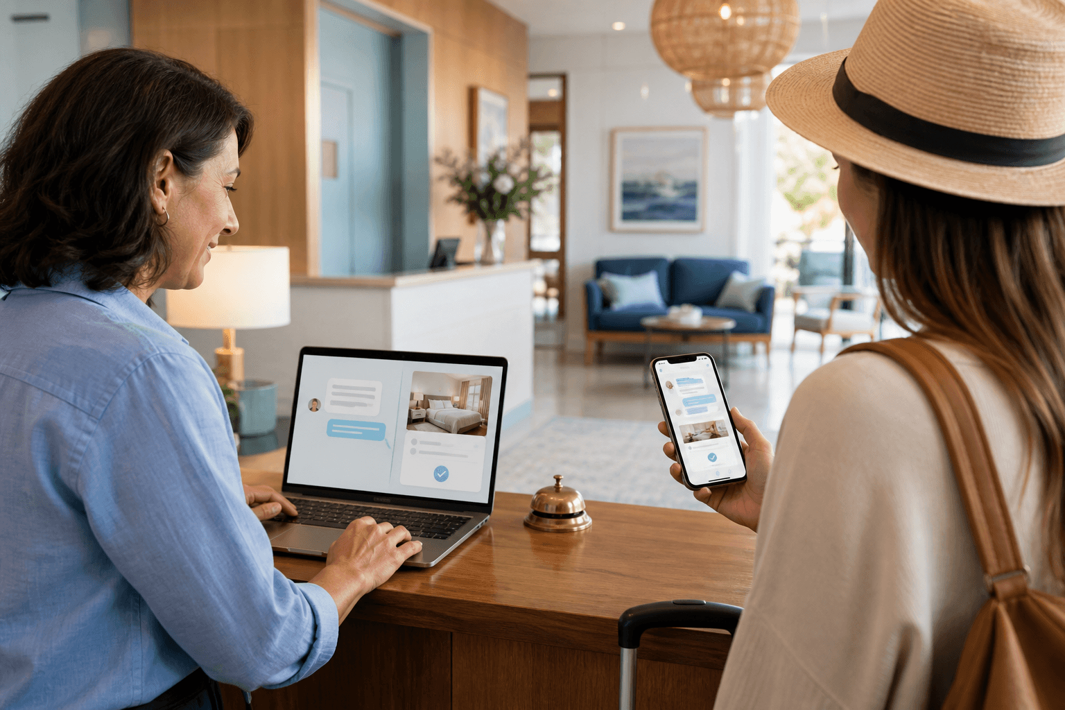 Illustrated hotel consultation across a laptop, phone, and front desk