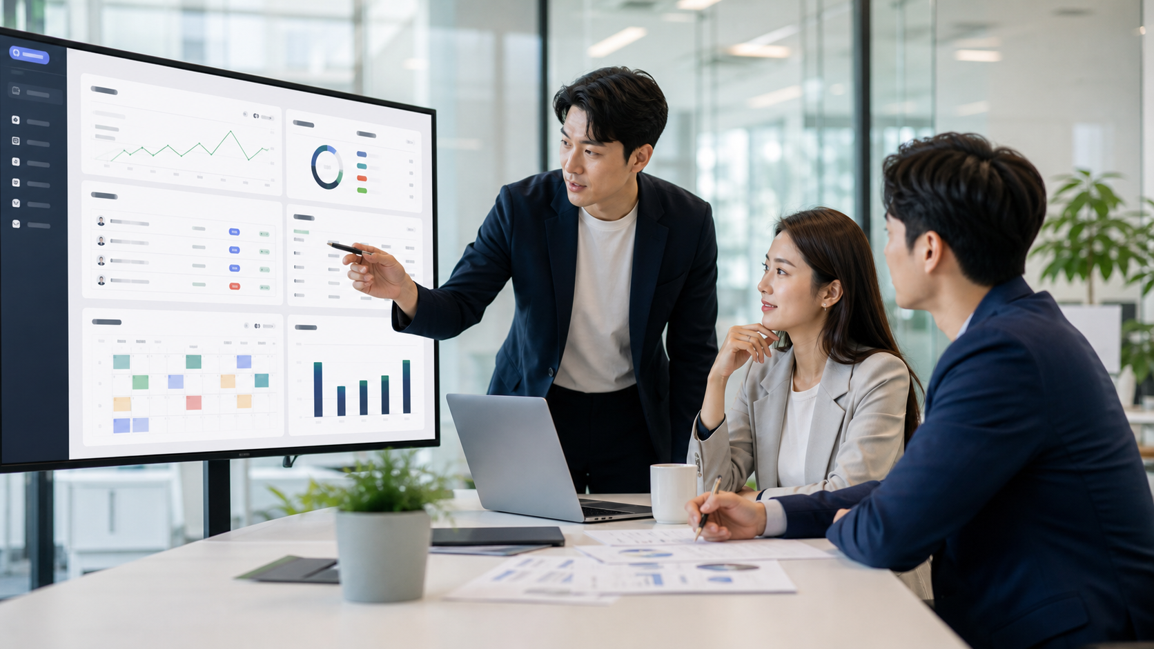 상담팀이 AI 세일즈 CRM 대시보드를 보며 리드와 예약 현황을 검토하는 실사형 이미지