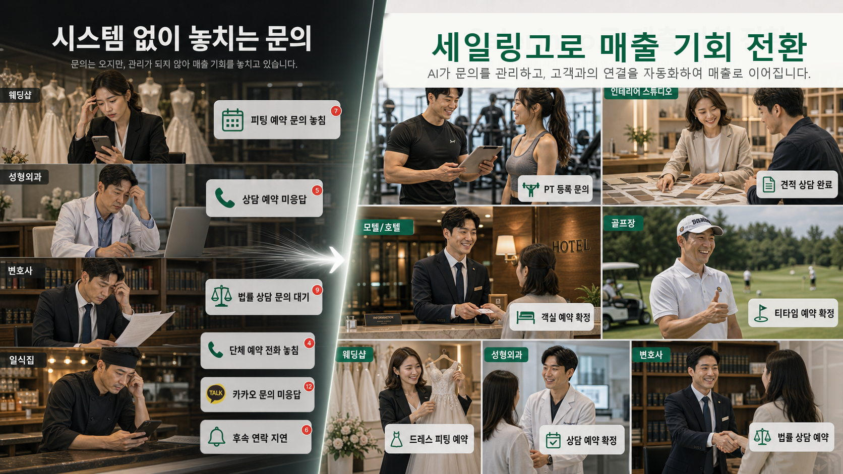시스템이 없는 사업장과 세일링고 AI 상담 CRM을 도입한 사업장의 차이를 업종별로 대비한 이미지